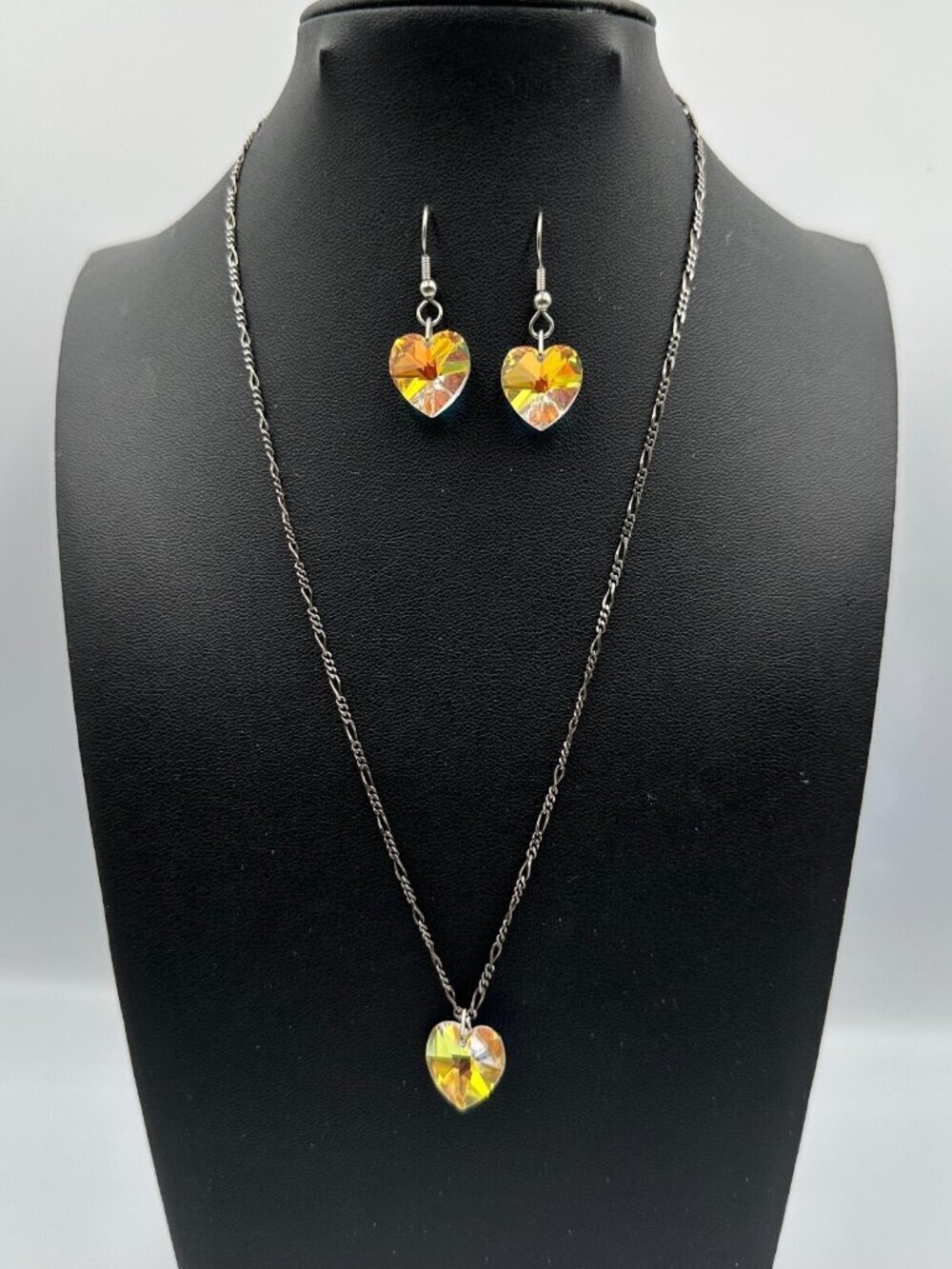 Sterling Silver Crystal Heart Jewelry Set Figaro Chain Necklace Earrings